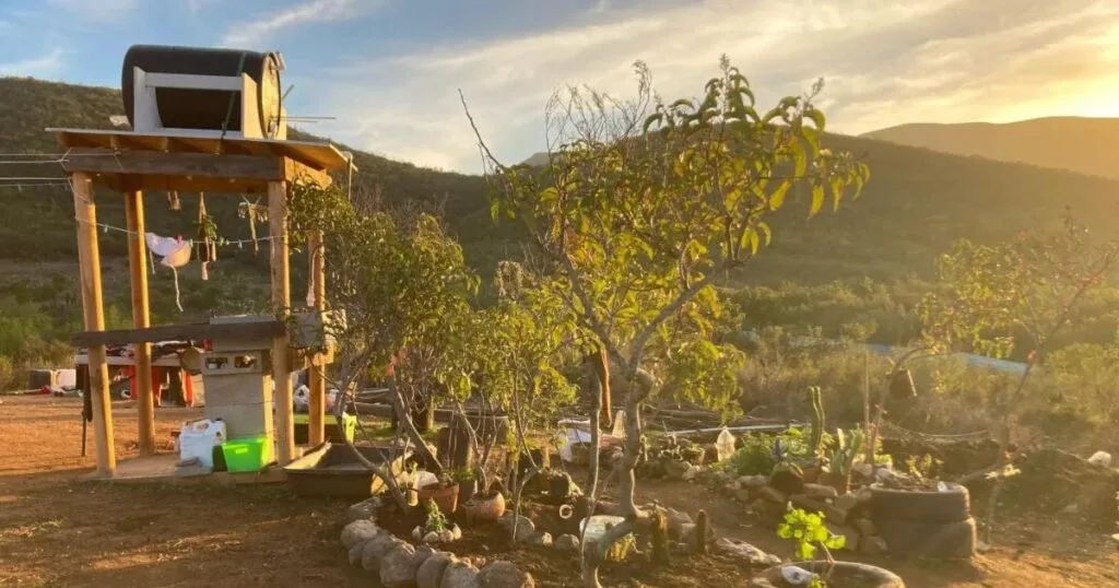 View of lavadero on Baja Homestead at sunset.