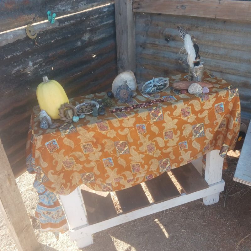 autumn alter, side table with printed fabric tablecloth with squash, feathers and sage in shell. 