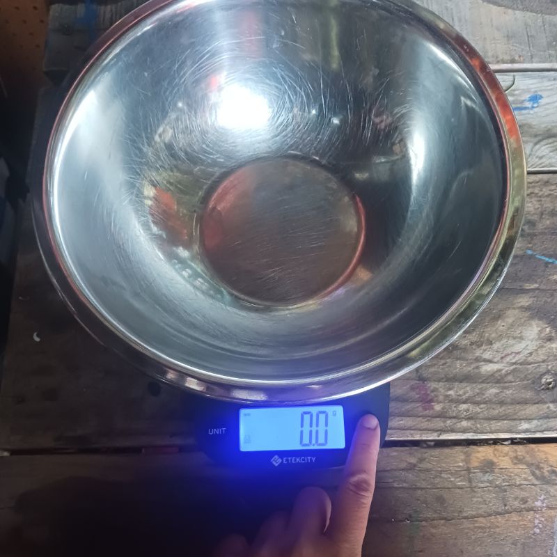 overview of stainless steel bowl on scale.